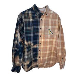 Upcycled Bleach Dye Button Up Flannel Shirt With Dinosaur Patch